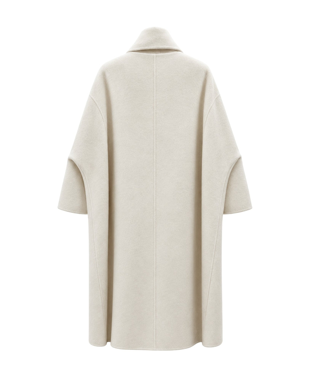 A light beige wool coat with a wide collar and draped, oversized sleeves, shown from the back on a solid white background.