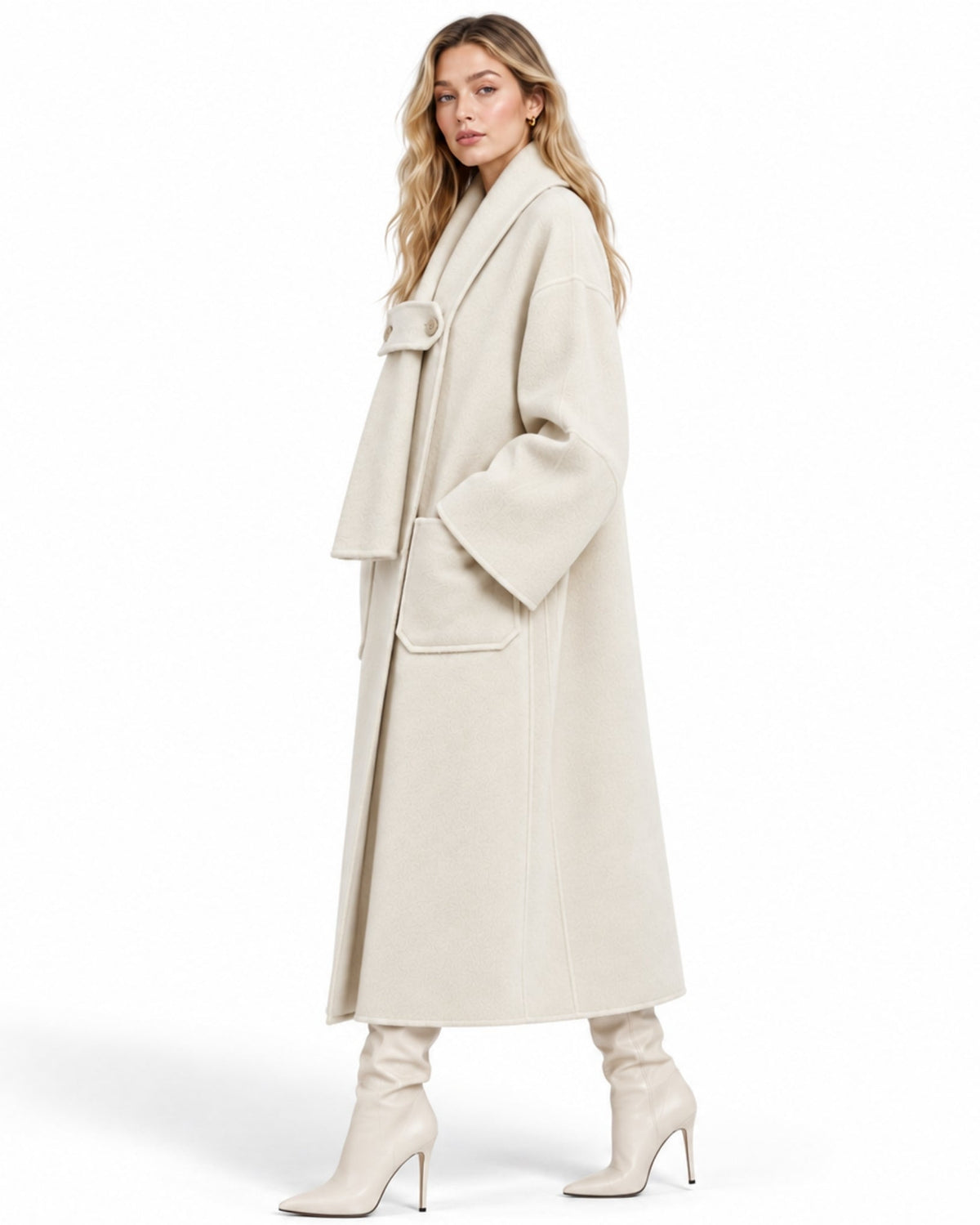 A woman modeling a long, oversized cream-colored coat with wide sleeves and a wrap-style front, paired with matching cream heeled boots, against a plain white studio background.