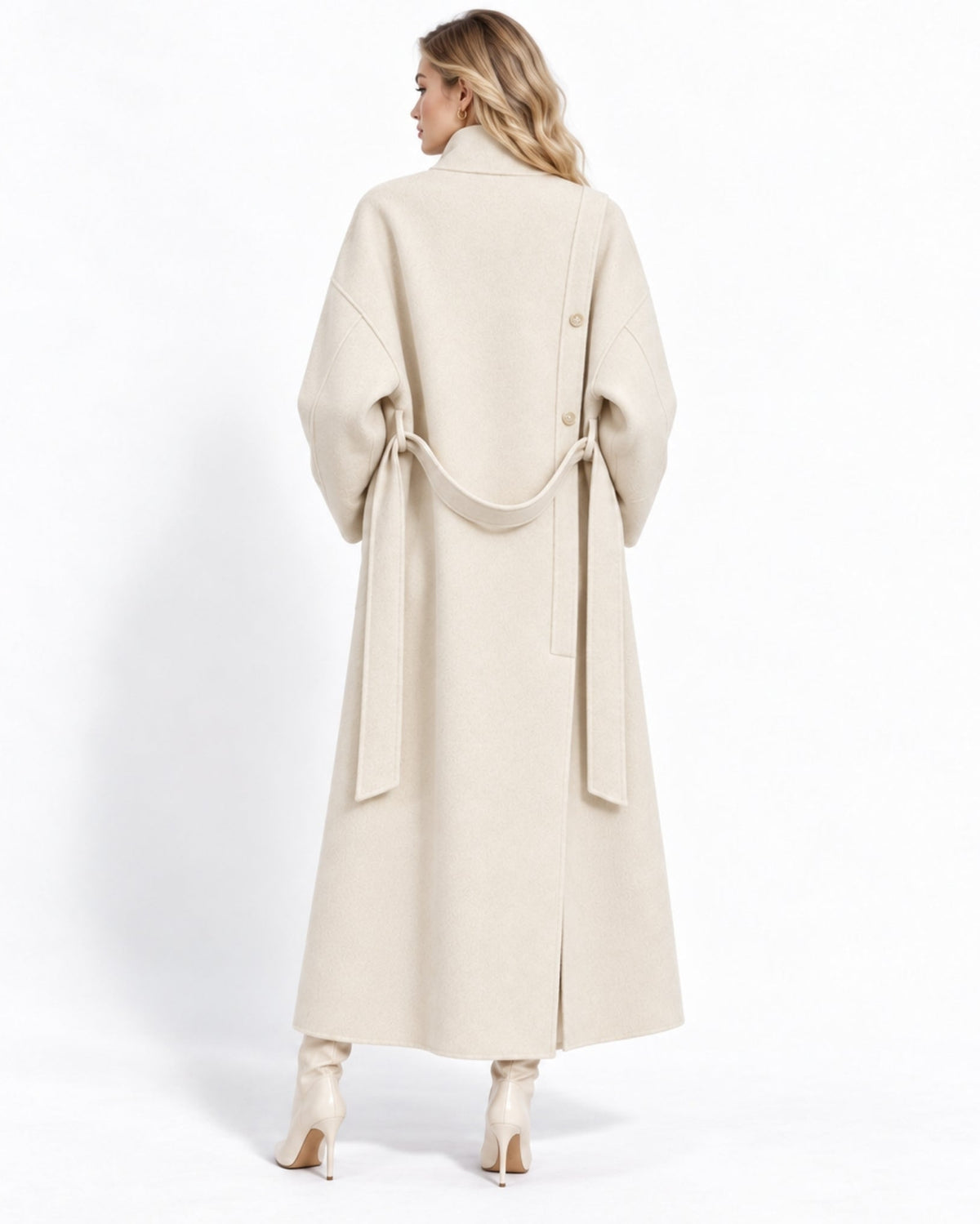 A woman shown from the back wearing a long, oversized cream-colored coat with a matching waist tie and belt, paired with light beige high-heeled boots against a plain white studio background.