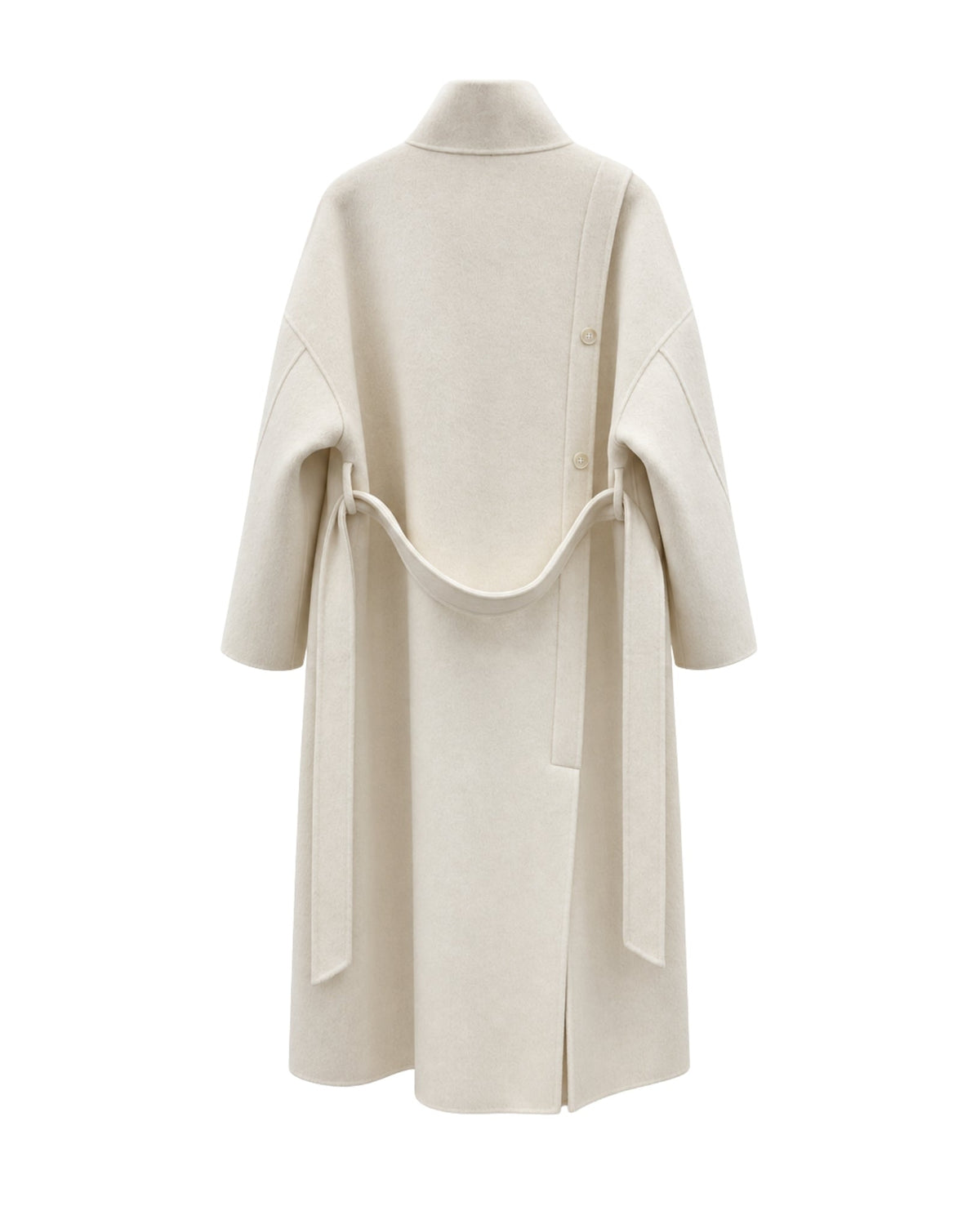 A long cream-colored coat with a mock neck, wide three-quarter sleeves, and a wrap-style tie belt at the back, shown on a plain white background.