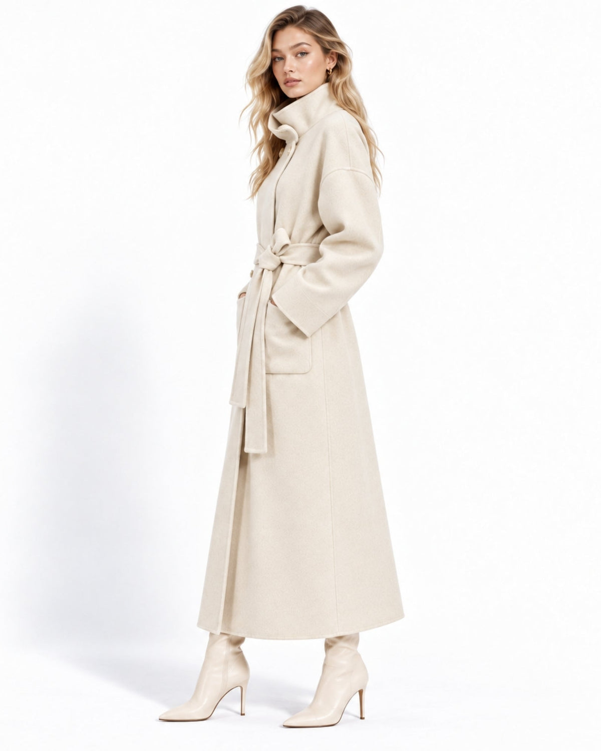 A woman modeling a long, high-collared cream-colored coat with a matching waist tie, paired with matching cream ankle boots, against a plain white studio background.