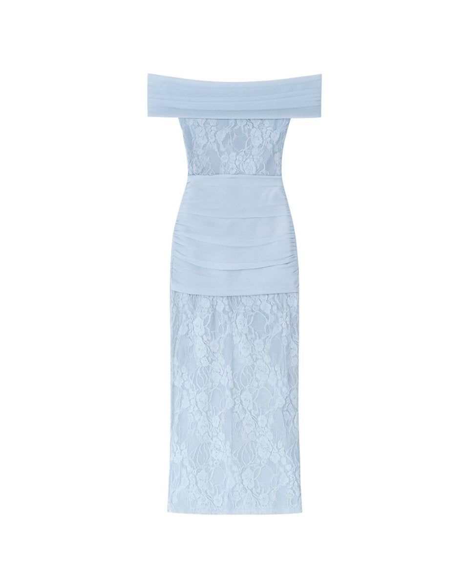 Light blue Fenlo off-shoulder dress with lace detailing on a white background