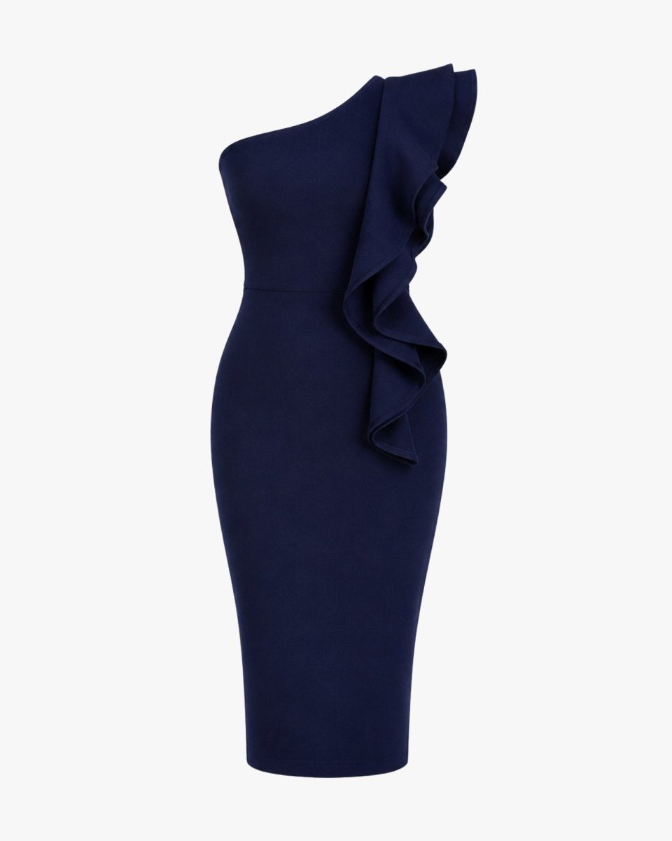Product shot of navy blue asymmetrical midi dress with oversized statement ruffle detail.
