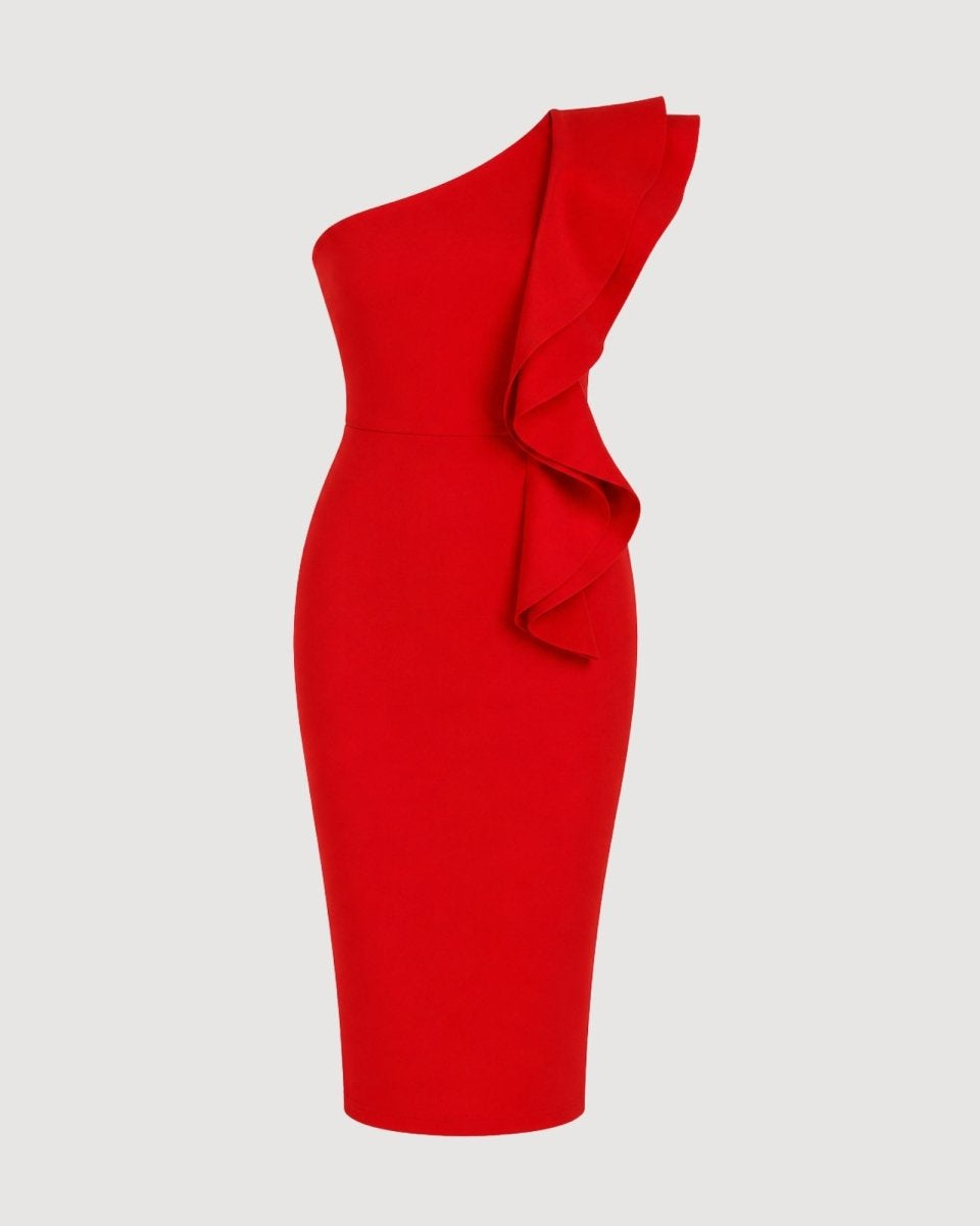 Ghost mannequin view of red one-shoulder bodycon dress emphasizing the dramatic cascading shoulder detail.