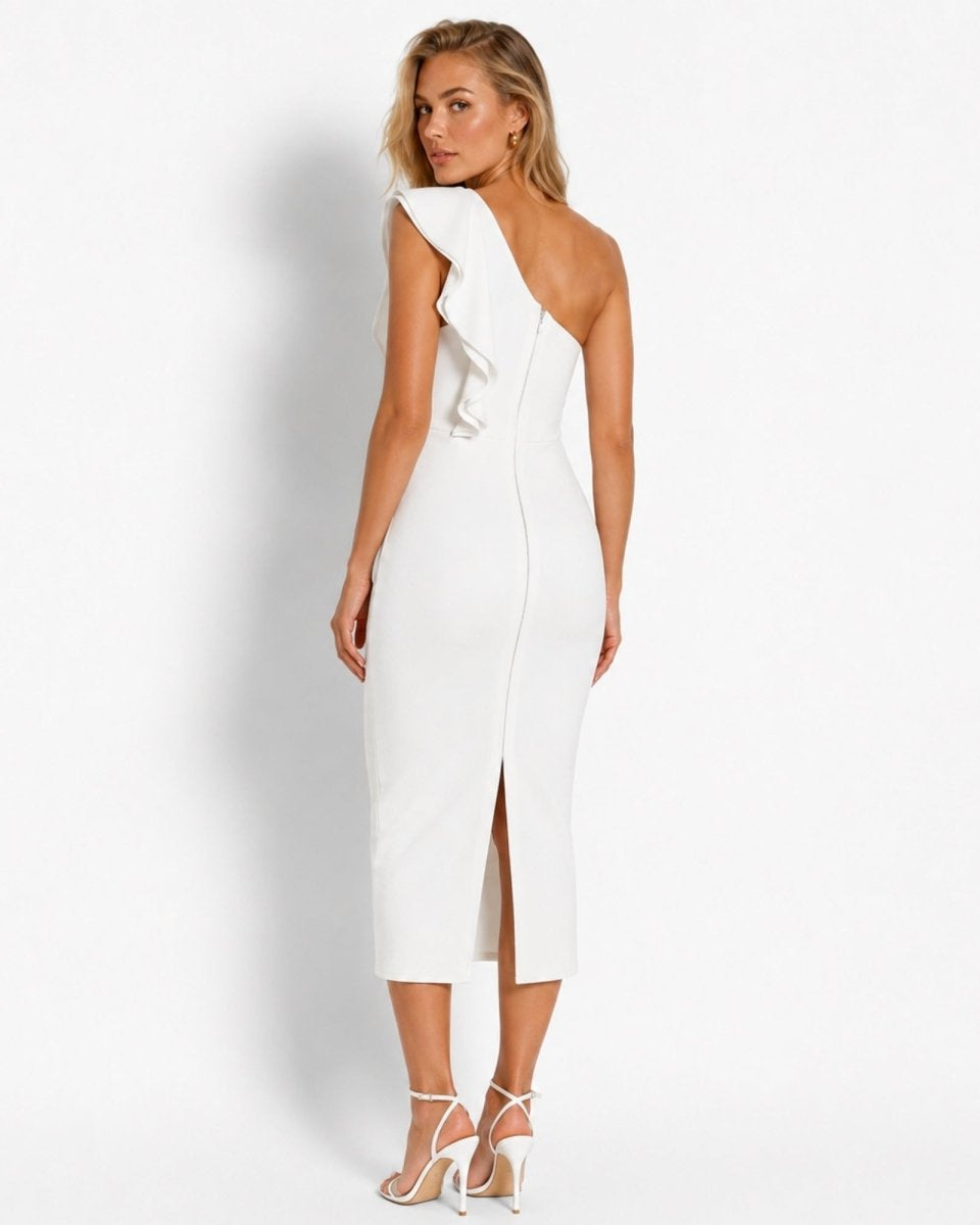 Back view of the white sleek bodycon midi dress highlighting the tailored precision and elegant back slit.