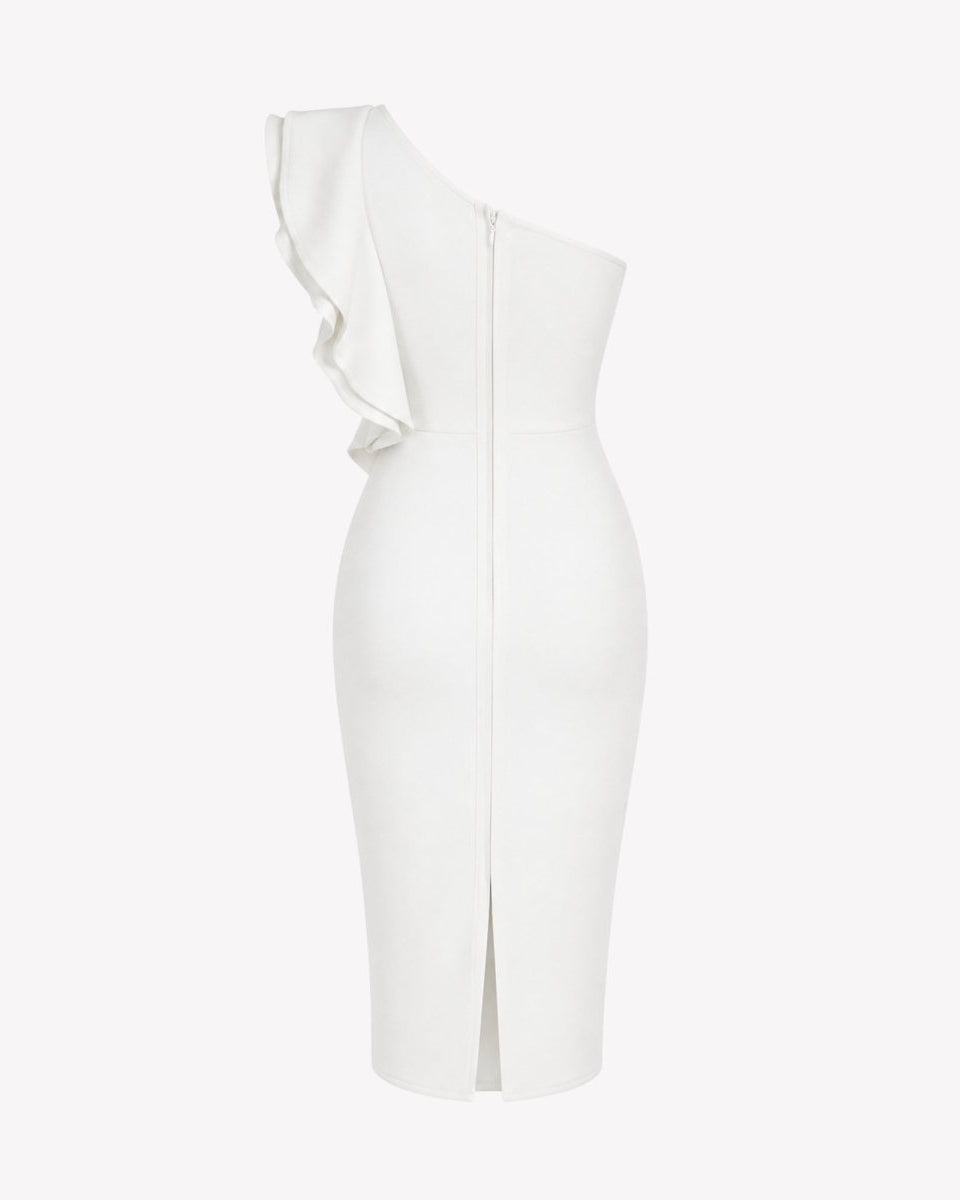 Studio back shot of white stretch woven midi dress displaying the seamless hidden zipper and sophisticated hem.