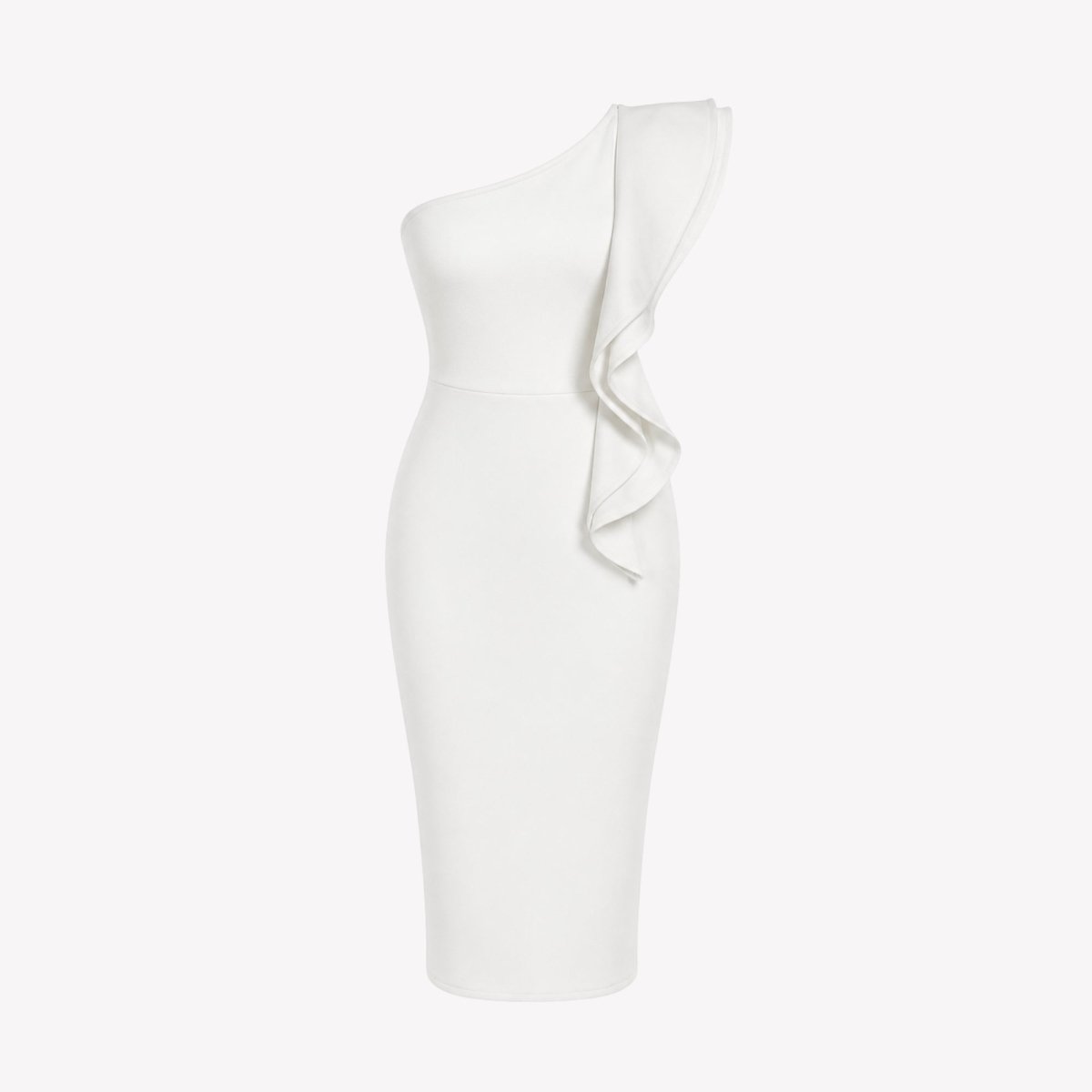 Studio shot of white one-shoulder dress emphasizing the beautiful draping of the front ruffle accent.