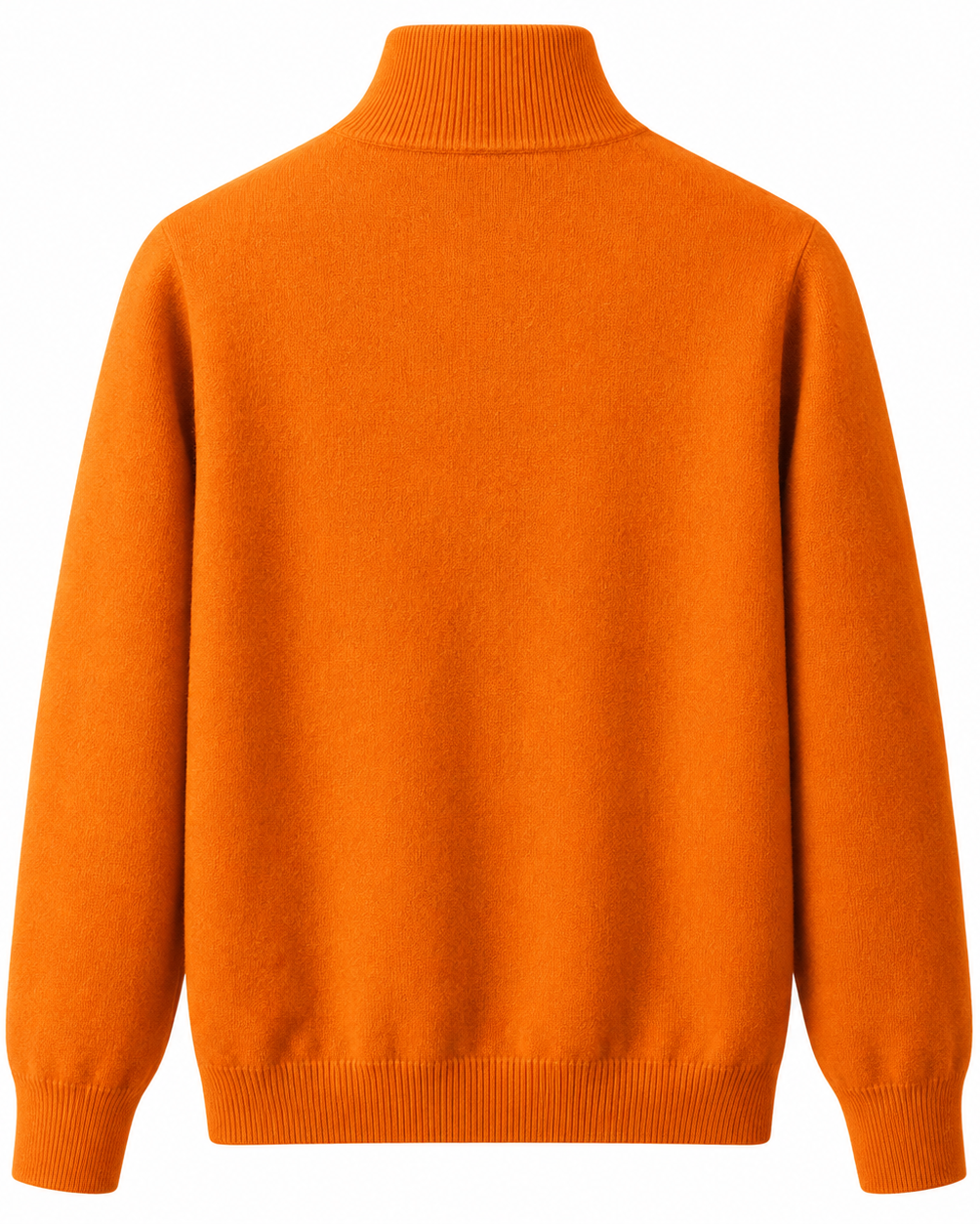 Bright orange knit sweater with a mock neck, long sleeves, and ribbed cuffs and hem, shown from the back on a white background.