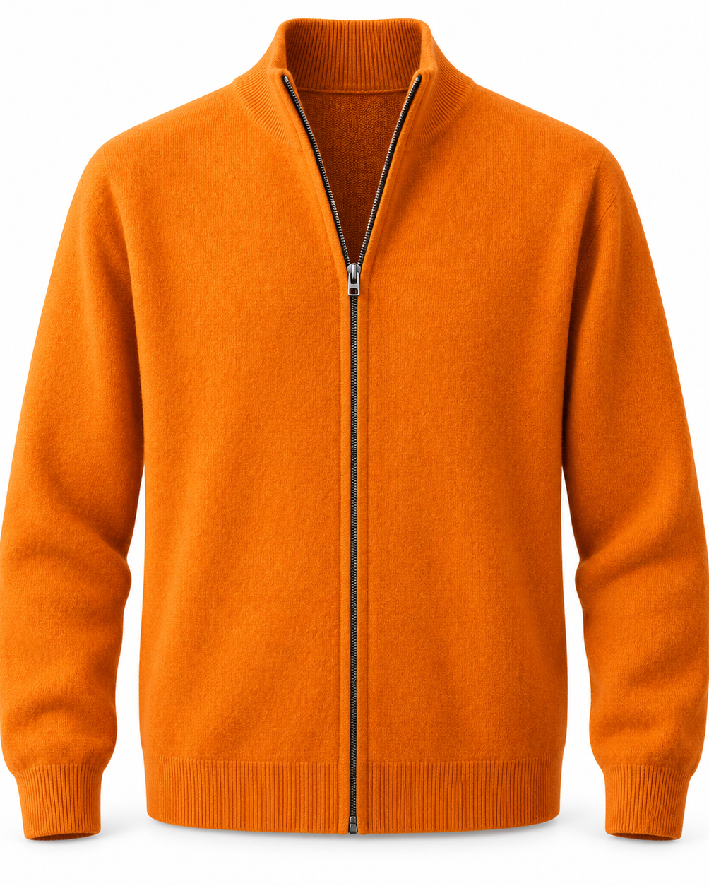 A bright orange knit zip-up cardigan sweater with a stand collar, ribbed cuffs, and a ribbed hem, shown on a plain white background.