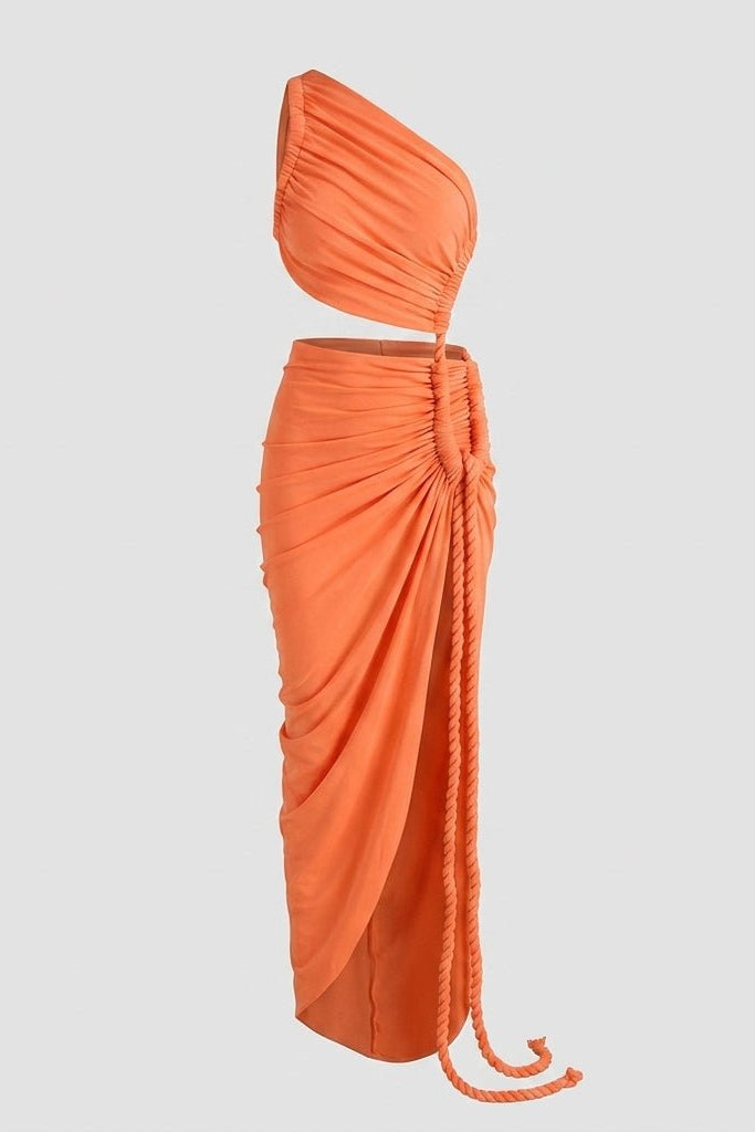 Flat lay presentation of the bright orange cutout maxi dress showcasing the intricate waist ruching and braided rope tassel tie details.