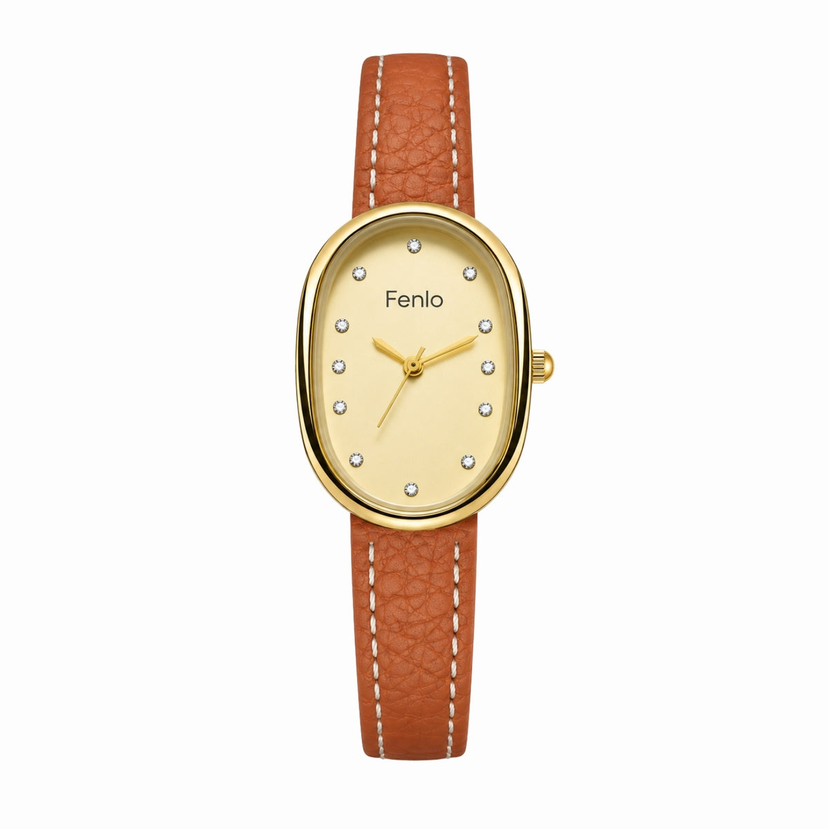 A Fenlo wristwatch with an oval gold-tone case, a cream-colored dial with crystal hour markers, and a brown textured leather strap with white stitching, shown against a plain white background.