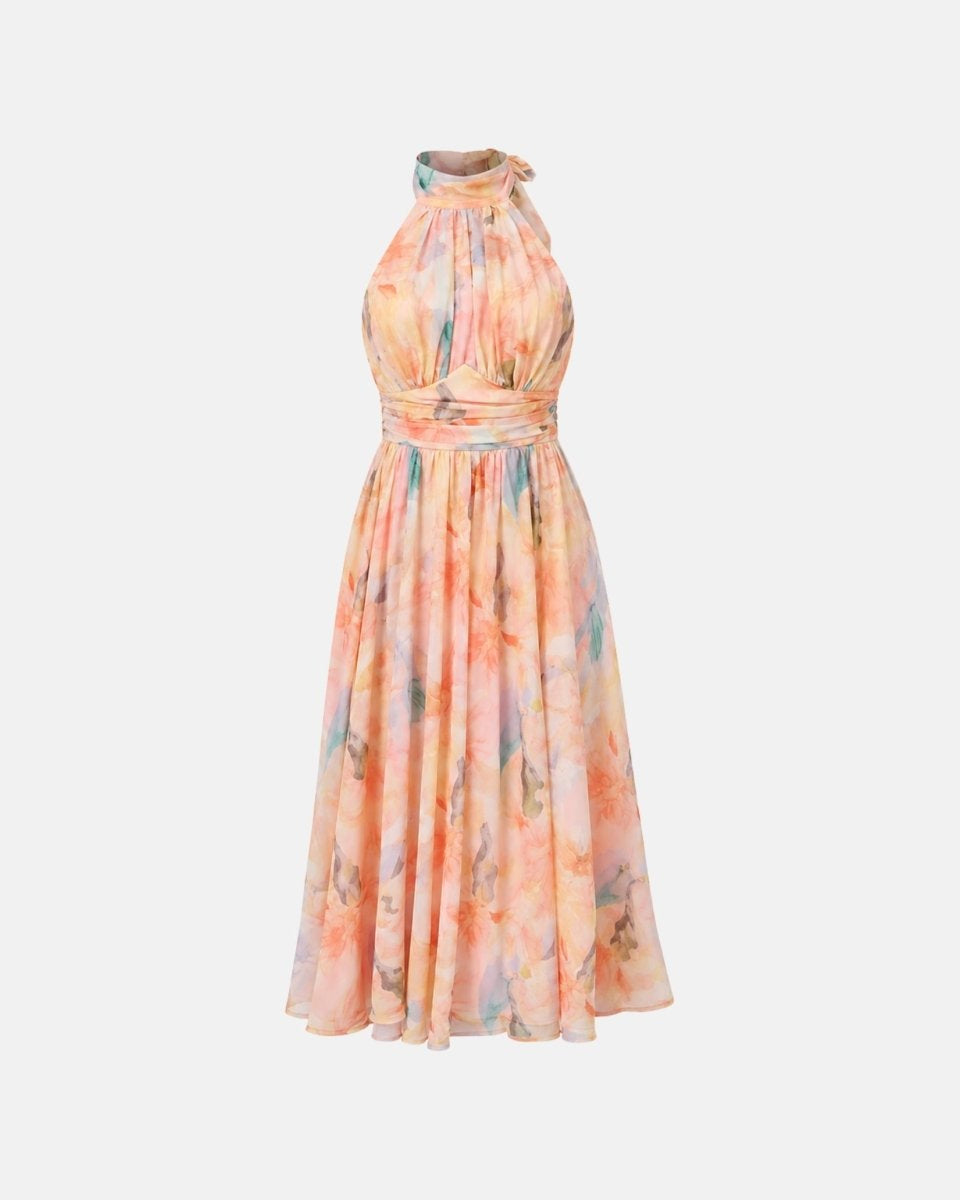 Front flat lay view of the pastel peach floral pleated halter neck midi dress