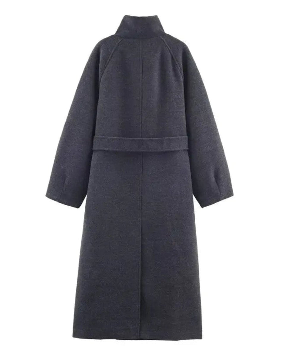 Back view flat lay of the long wool coat in gray, detailing the center seam and belt loop construction.