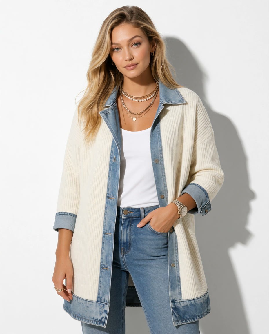 Vorderansicht der cremefarbenen Paulina Strickjacke mit Denimrevers am Model.