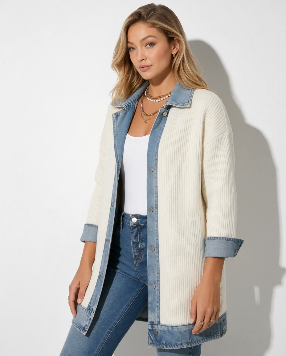 Schräge Vorderansicht der cremefarbenen Paulina Rippstrickjacke am Model.