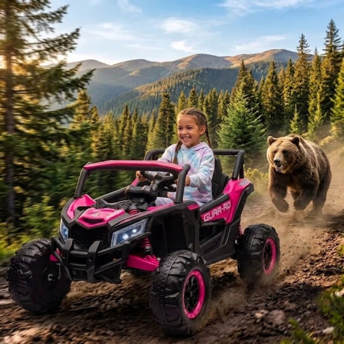 A young girl driving a pink 4x4 kids' ride-on car through a muddy jungle path while a jaguar runs beside them.