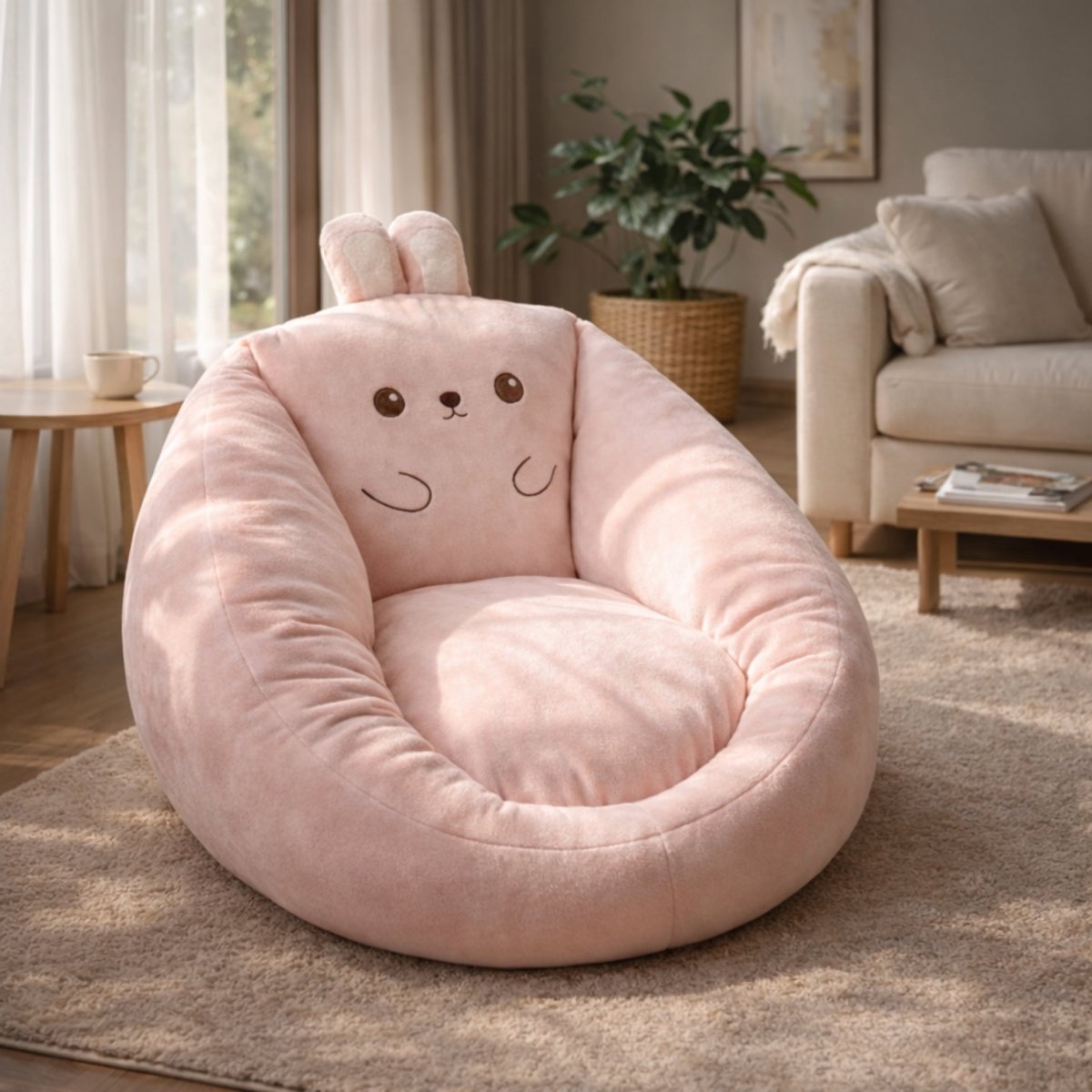 Soft pink bunny shaped plush bean bag alternative chair perfect for a relaxing reading nook or cute room decor setup.