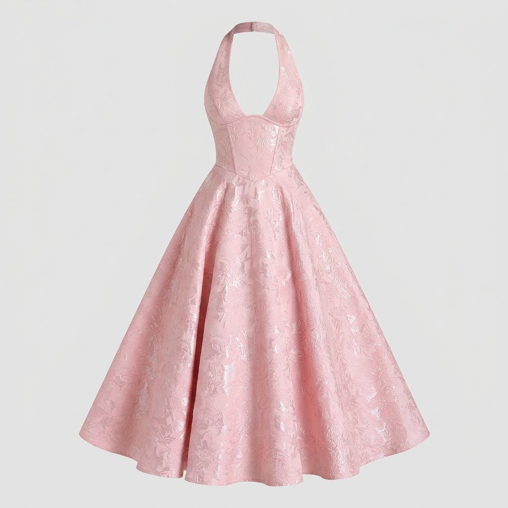 Ghost mannequin front studio view of pink floral jacquard halter neck midi dress with visible bodice seaming details.