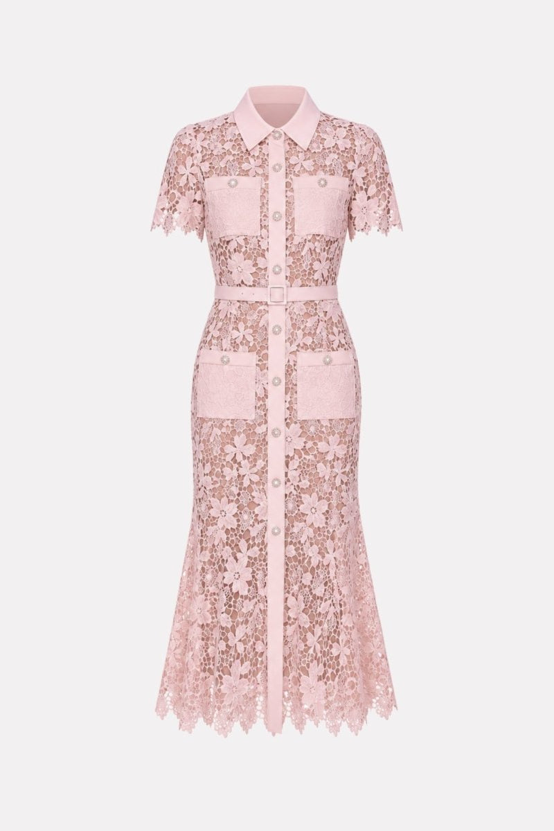 Studio front view of pink floral guipure lace button-down belted midi dress on light grey background