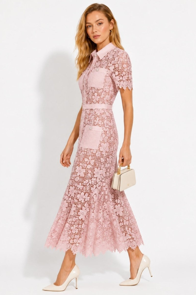 Elegant blush pink lace belted shirt dress side profile view showing sheer midi length skirt and patch pockets