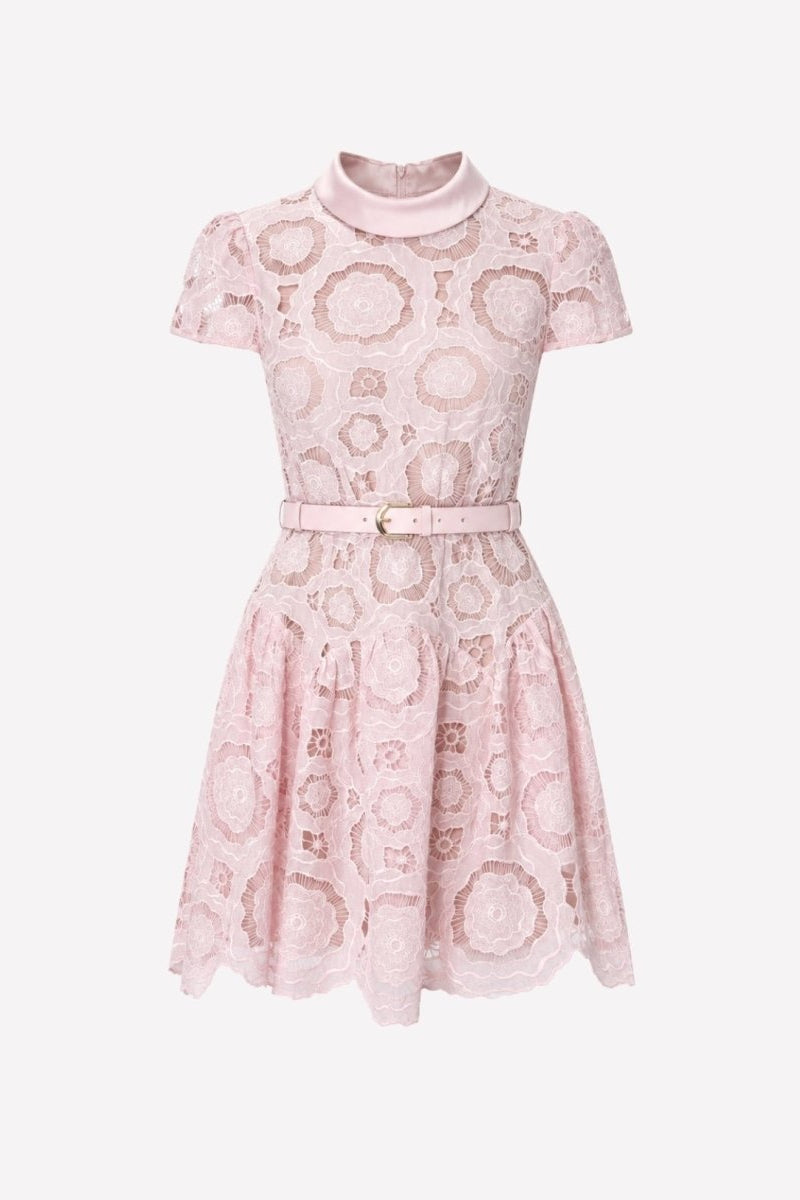 Flat lay front view of Fenlo Form pink floral lace mini dress featuring peter pan collar and matching belt.