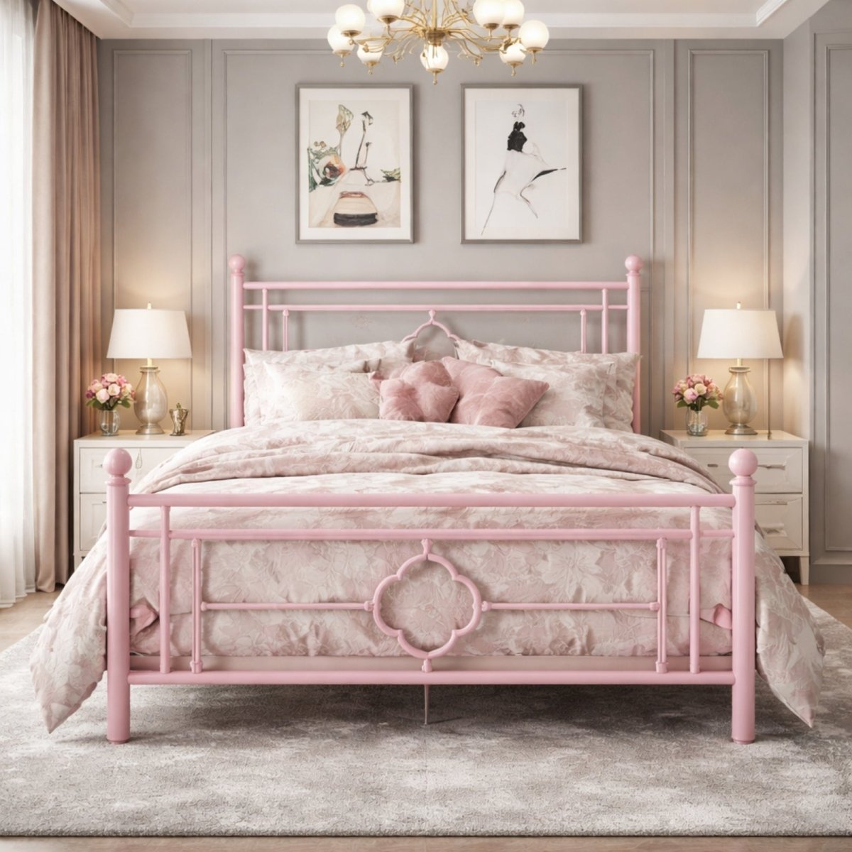 Queen size pink vintage metal bed frame by Fenlo Form set in a soft, feminine bedroom with grey paneled walls, pink floral bedding, and white nightstands. 