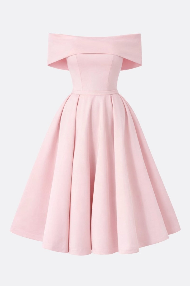Front isolated view of structured pink bardot neckline flare dress