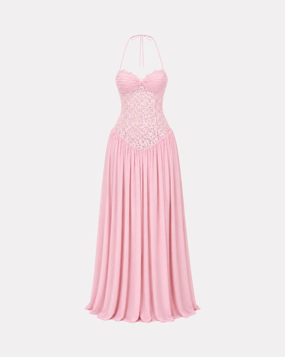 A light pink halter-neck maxi dress with a sweetheart neckline, a fitted lace-embroidered bodice, and a flowing chiffon skirt, shown against a plain light gray background.