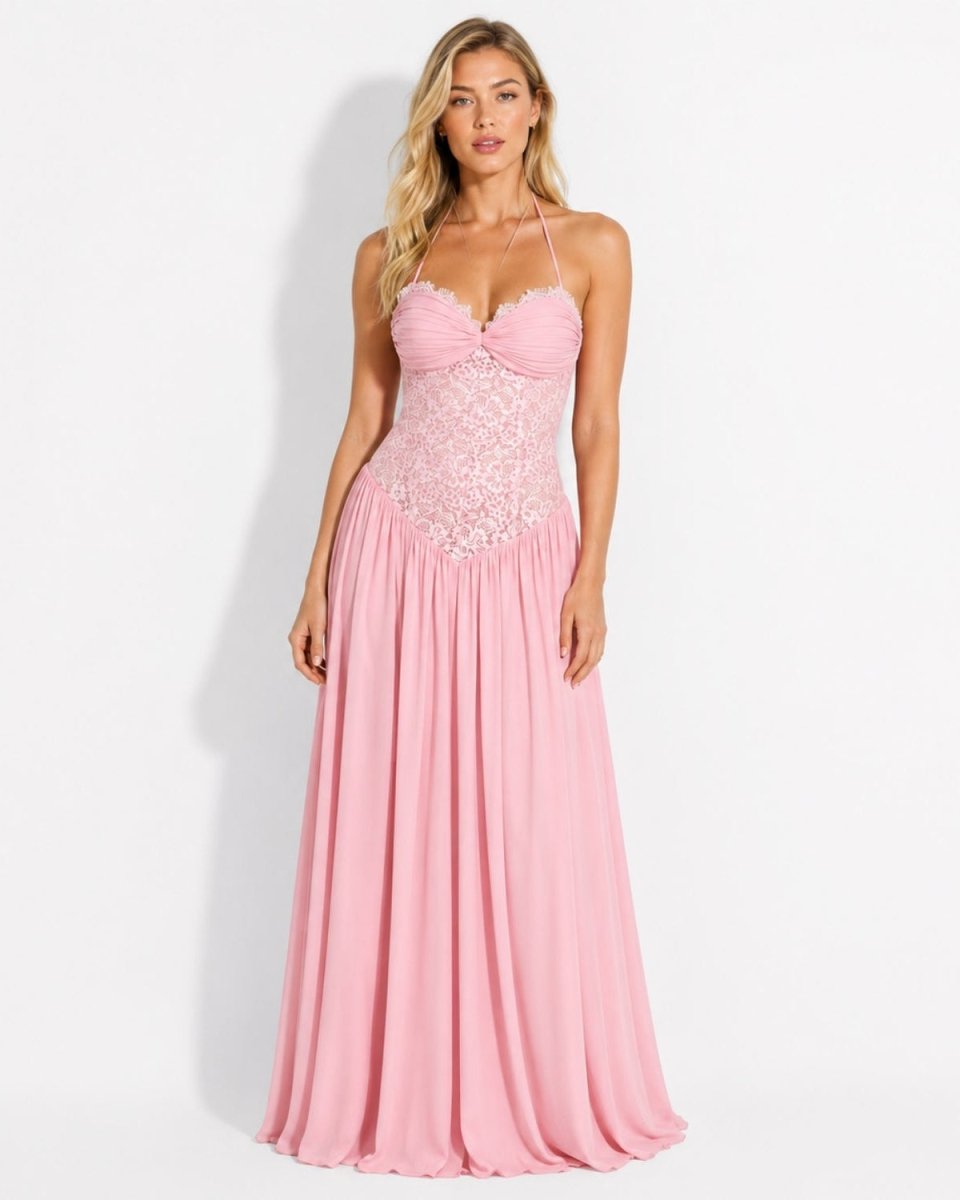 Front presentation of the blush pink halter neck evening gown featuring a structured lace corset and pleated A-line skirt.