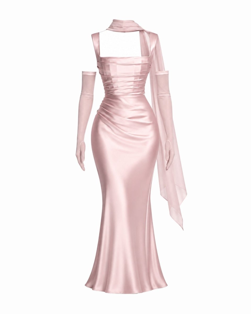 A light pink satin evening gown with long sheer sleeves and a matching neck scarf, displayed on a headless mannequin against a plain white background.