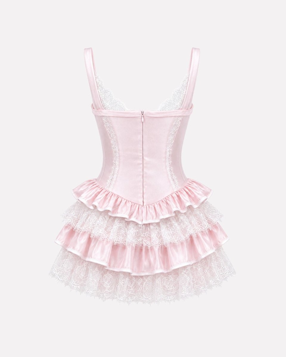 Product shot back view of a pink corset dress highlighting the premium zip closure and ruffled lace skirt.
