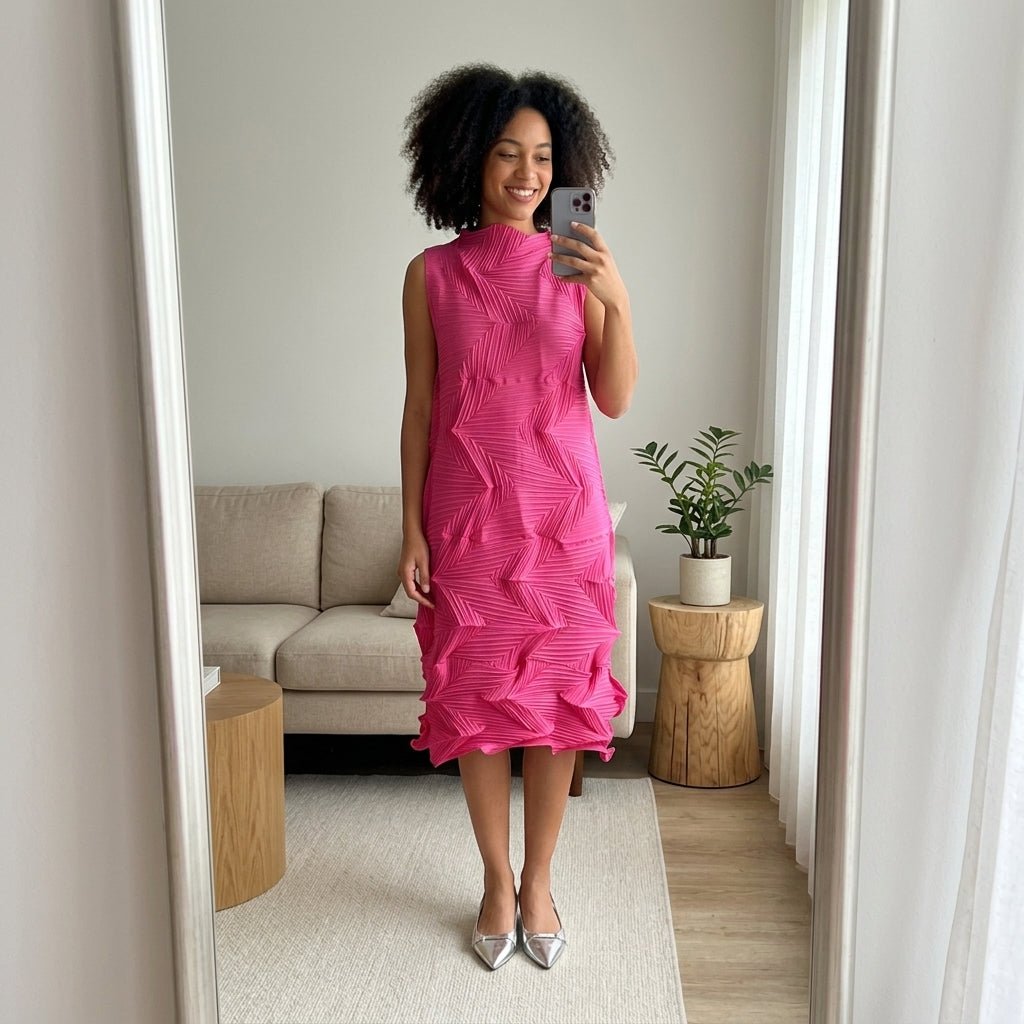Smiling woman taking a mirror selfie in a vibrant fuchsia 3D folded column dress.