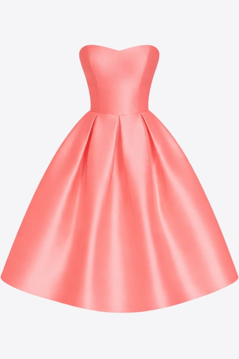 Studio ghost mannequin front view of the Fenlo Form strapless sweetheart coral pink satin midi dress.