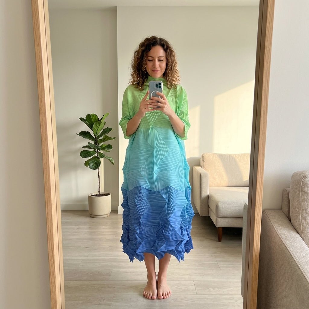 Lifestyle shot of a woman wearing the Kouvr geometric plisse midi dress outdoors, showcasing its comfortable movement and vibrant ombre colors.