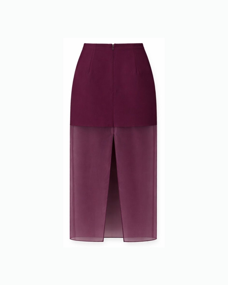 Flat lay back view of plum sheer skirt showing zipper closure and bottom split details.