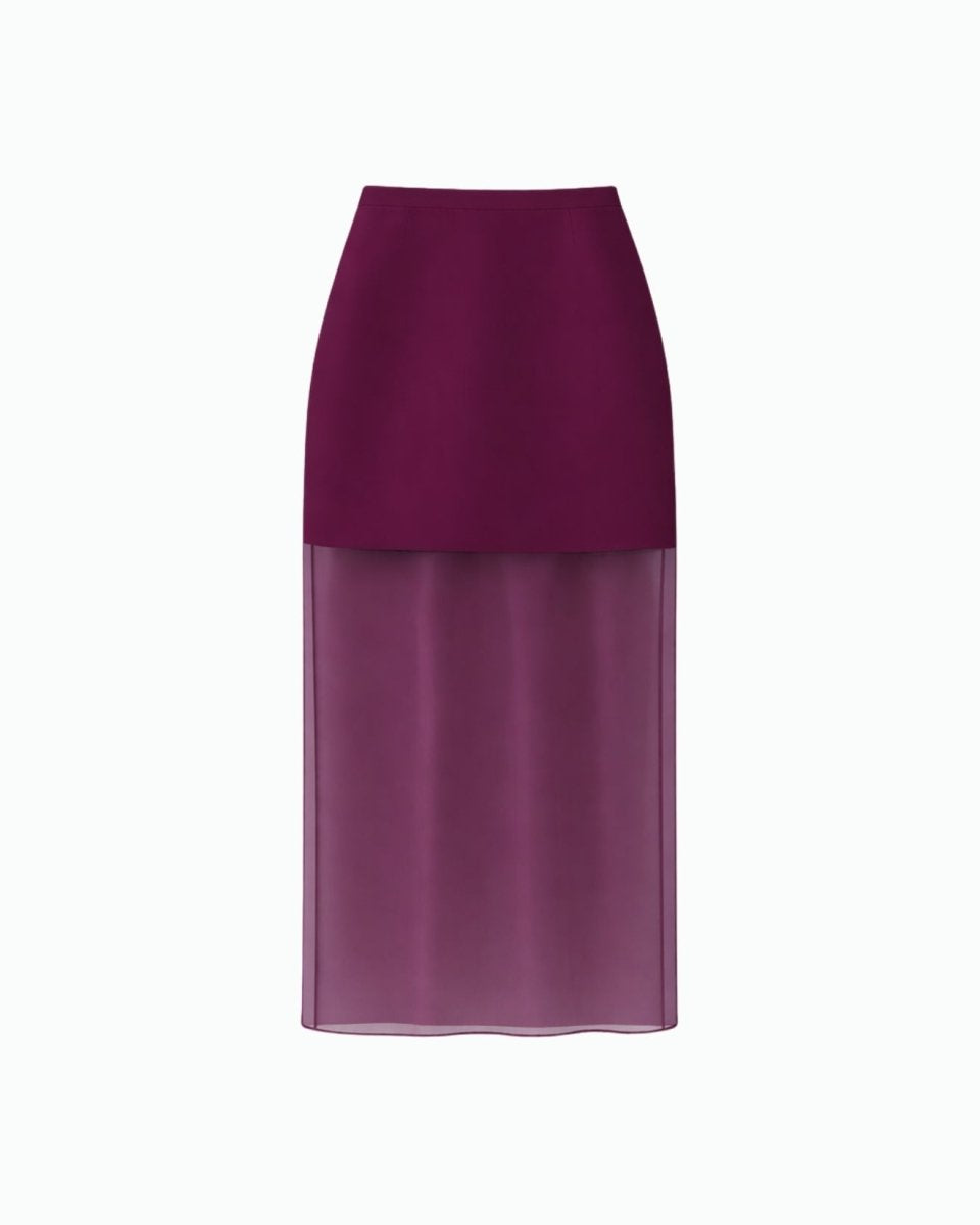 Flat lay front view of plum two piece illusion maxi skirt on a clean white background.