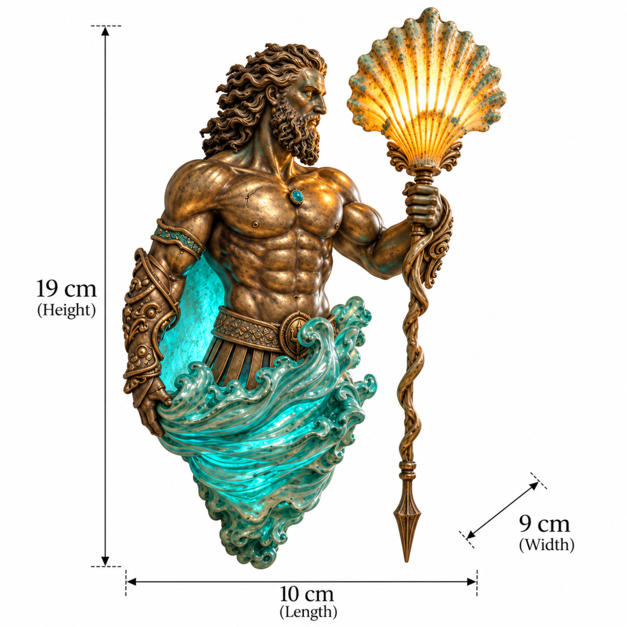 Decorative bronze Poseidon wall sconce with a glowing seashell light and teal wave accents, mounted on a textured wall in a warm living room with a fireplace.