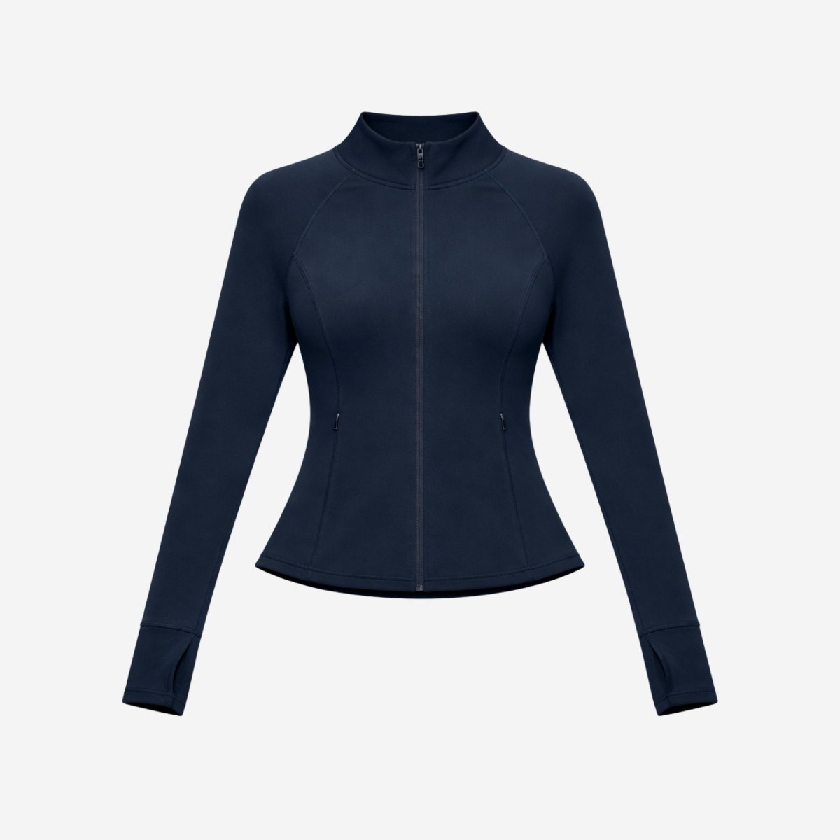 Studio flat lay shot of women's navy blue full-zip athletic jacket with thumbholes 