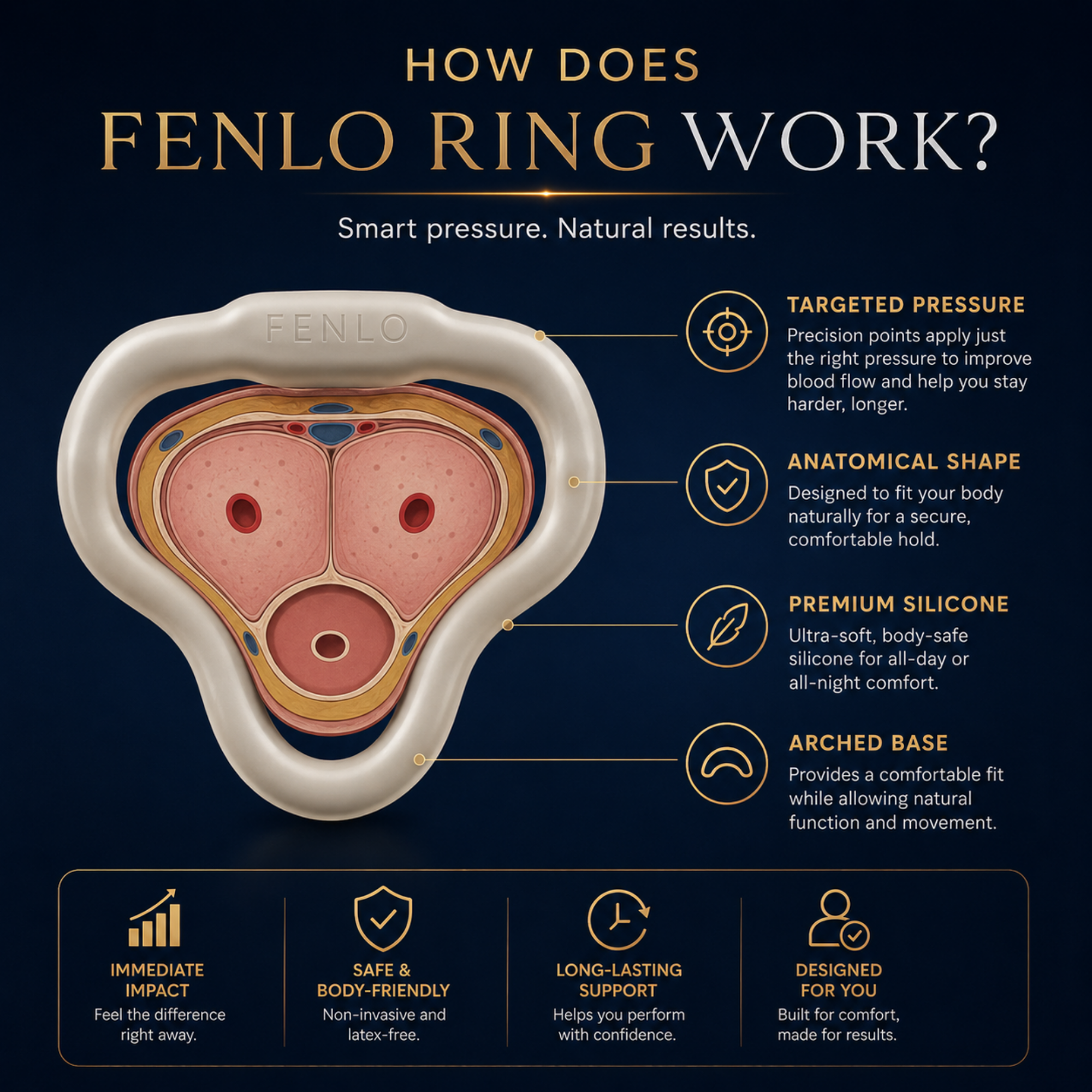 An infographic titled 'HOW DOES FENLO RING WORK?' on a dark navy background, showing a cross-section of a Fenlo ring with anatomical labels and feature callouts about targeted pressure, anatomical shape, premium silicone, and arched base.