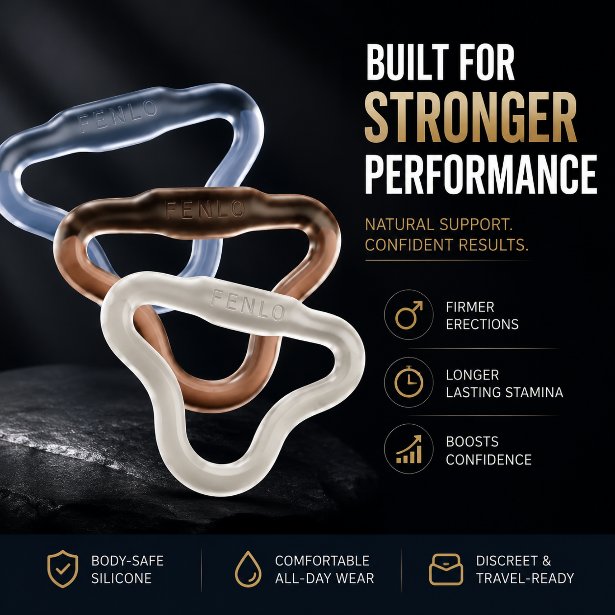 Three Fenlo silicone rings in translucent blue, rose gold, and off-white, arranged on a dark textured surface with promotional text on a black background.