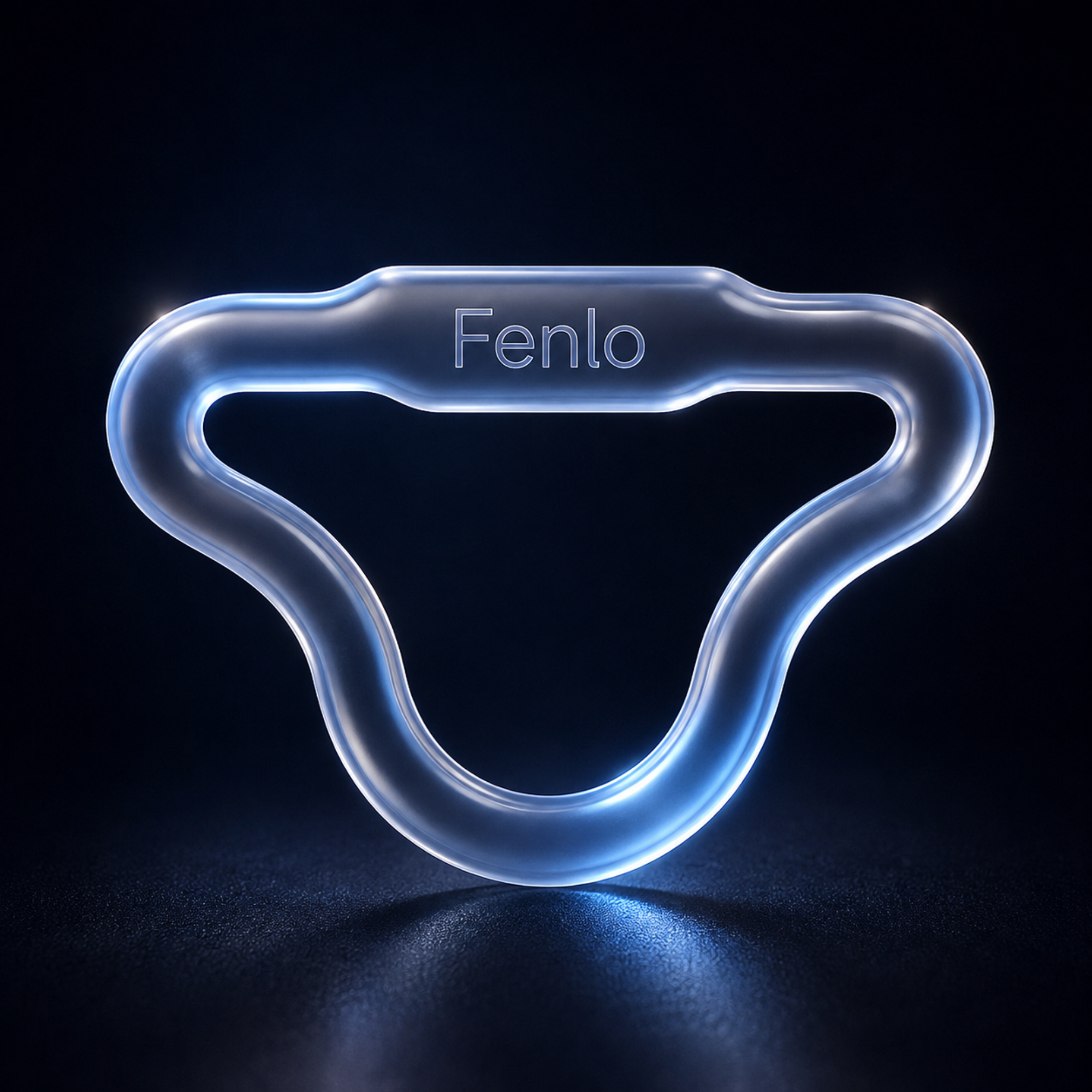 A translucent blue silicone baby teether or pacifier-style ring with the brand name 'Fenlo' printed in white on the top curve, set against a dark black background with a soft glow.