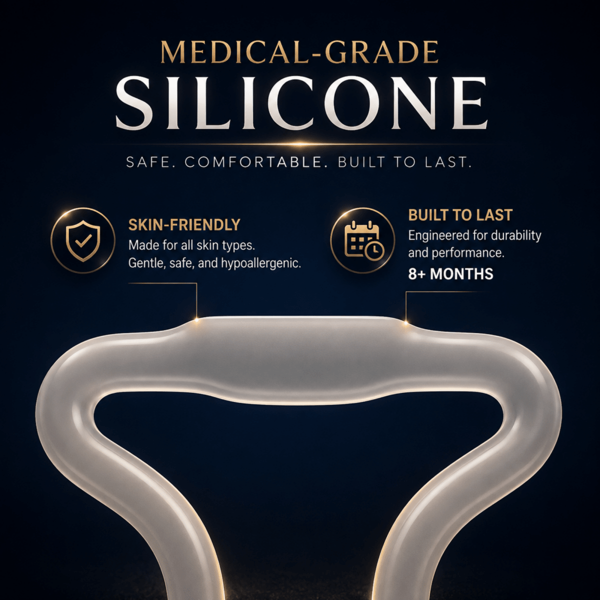 A medical-grade silicone product shown on a dark navy promotional background with text highlighting skin-friendly and built-to-last qualities.