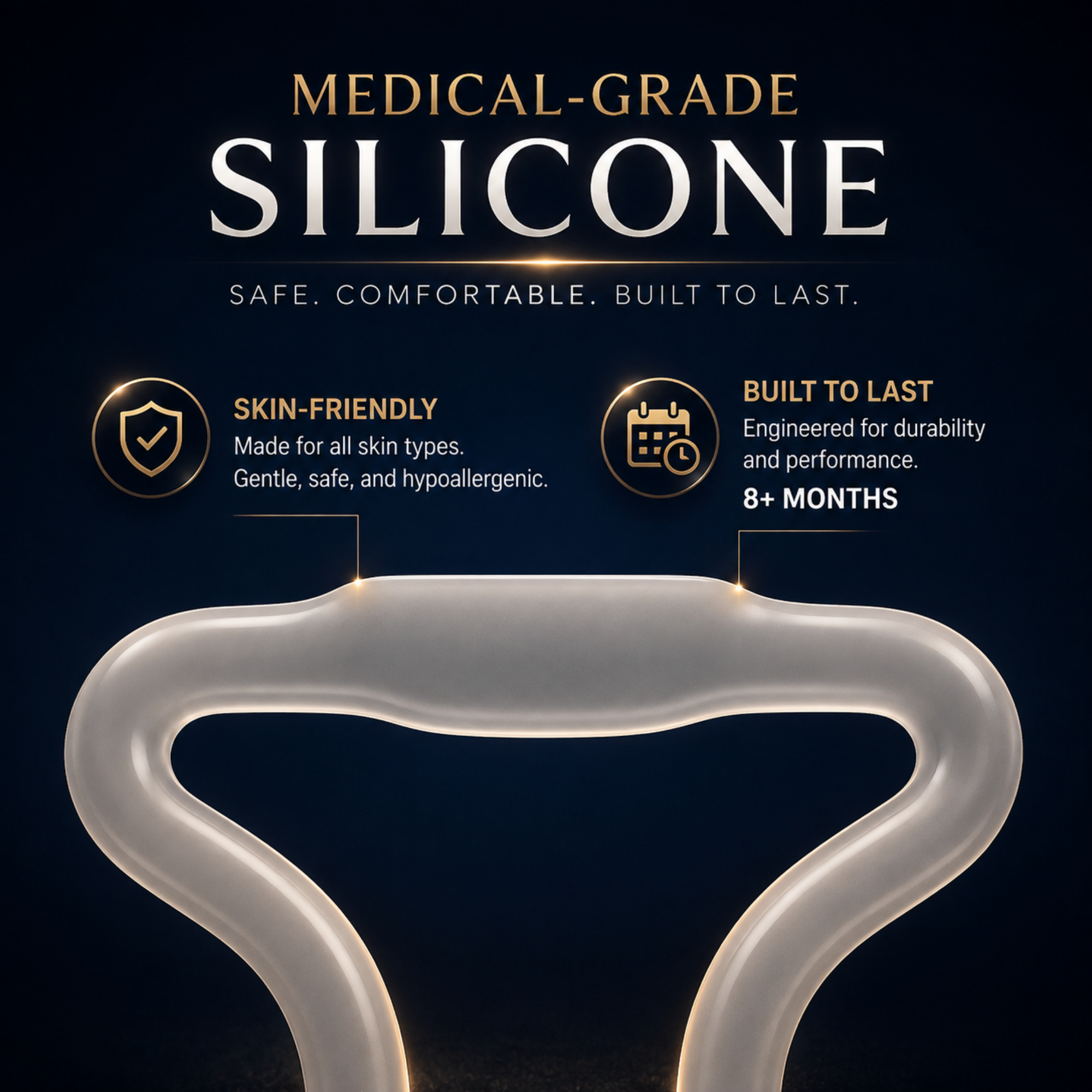 A medical-grade silicone product shown on a dark navy promotional background with text highlighting skin-friendly and built-to-last qualities.