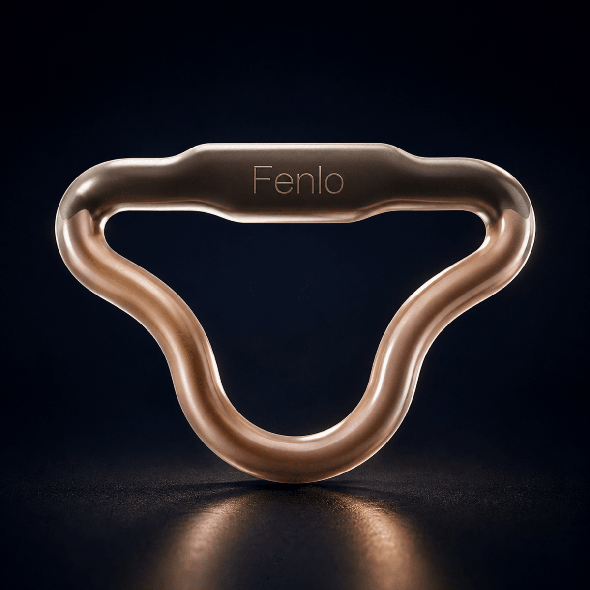 A sleek, metallic rose gold loop-style device with the brand name 'Fenlo' engraved on the top, set against a dark, reflective background.