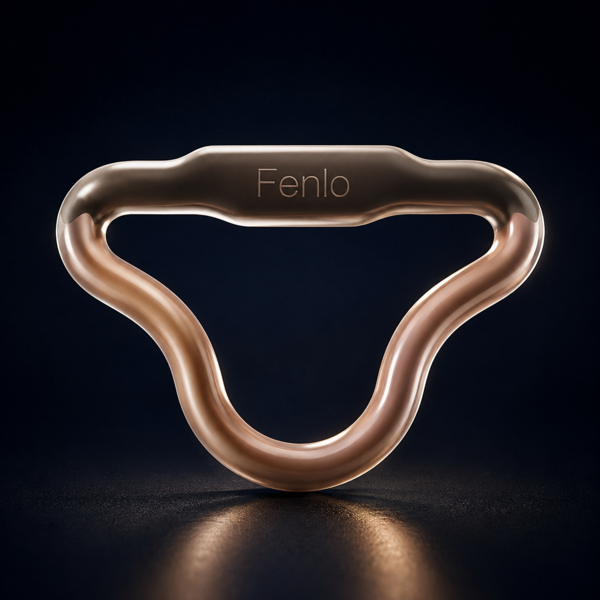 A sleek, metallic rose gold loop-style device with the brand name 'Fenlo' engraved on the top, set against a dark, reflective background.