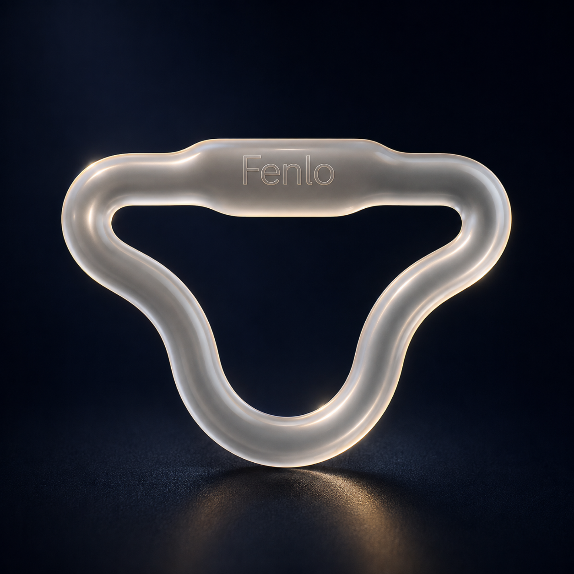 A translucent silicone baby teether or pacifier clip with the brand name 'Fenlo' debossed on the top, shown on a dark reflective surface.