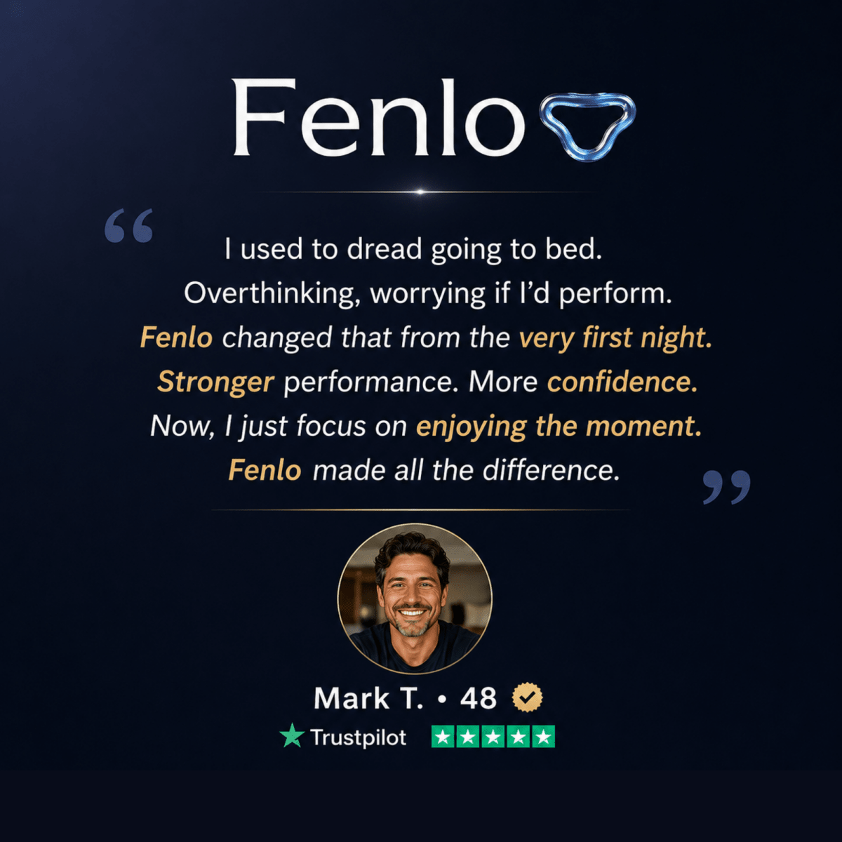 A dark promotional graphic for Fenlo featuring a testimonial quote from Mark T. aged 48.