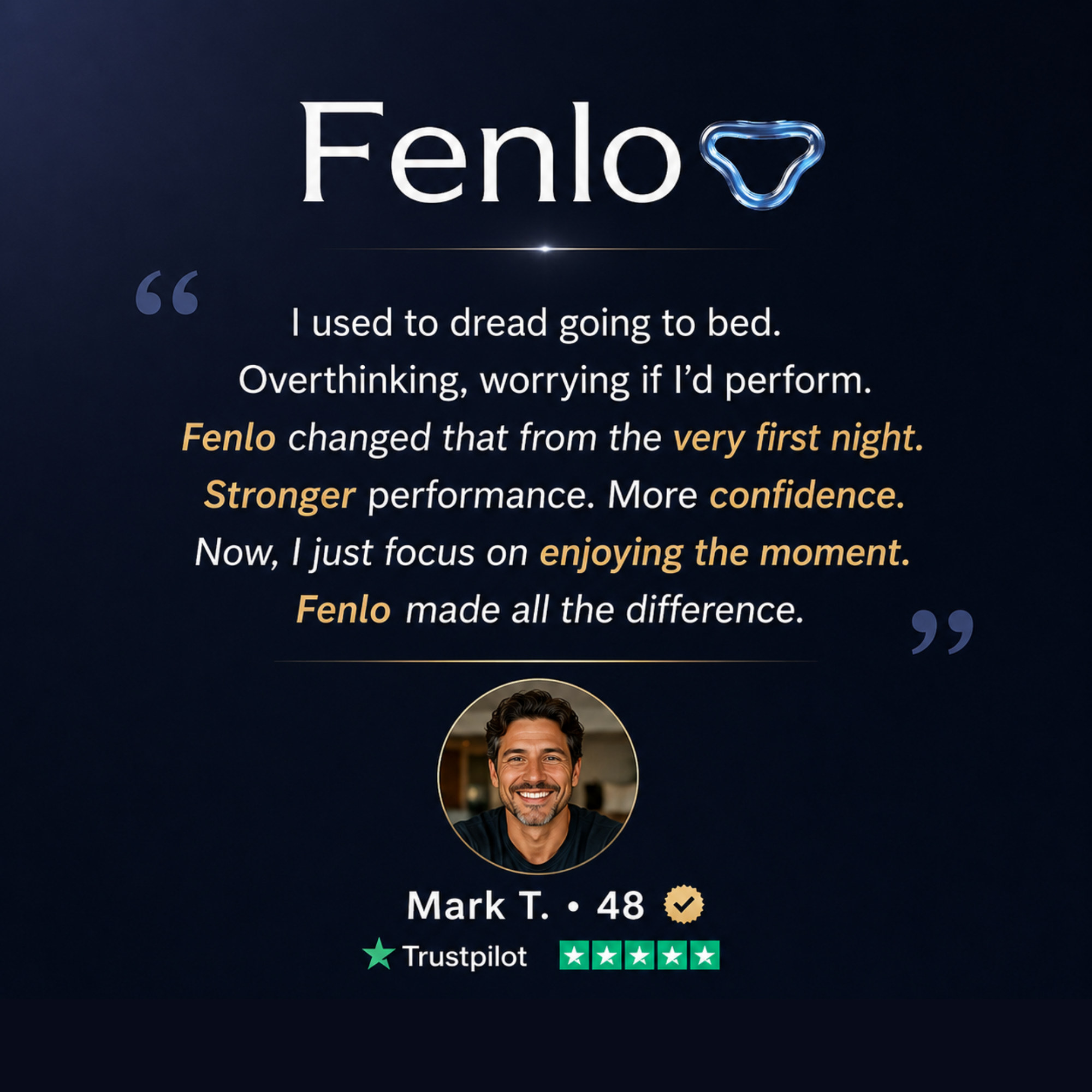 A dark promotional graphic for Fenlo featuring a testimonial quote from Mark T. aged 48.