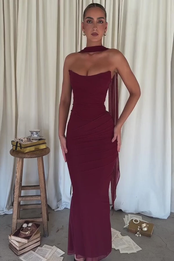 Close-up detail of the Hailey dress in burgundy, showing the corset bodice boning and ruched mesh fabric.