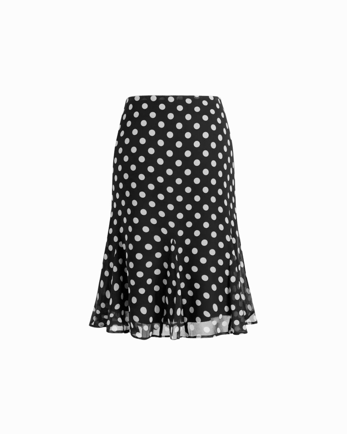 A black midi skirt with a white polka dot pattern and a ruffled hem, shown against a plain white background.